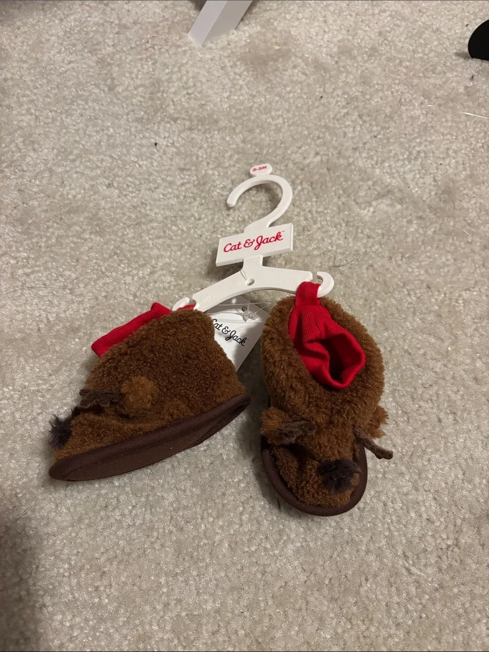 Cat & Jack Brown Reindeer Plush Kids Slipper Booties with Red Lining